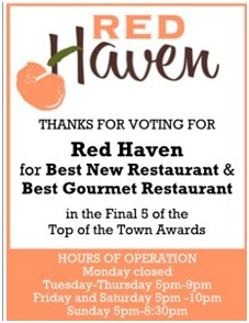 Red Haven poster thanking guests for voting them best new restaurant