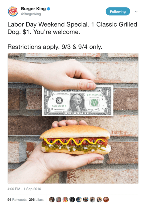 Burger King hot dog labor day restaurant marketing