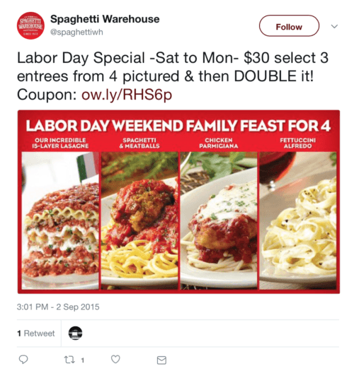spaghetti warehouse labor day restaurant marketing