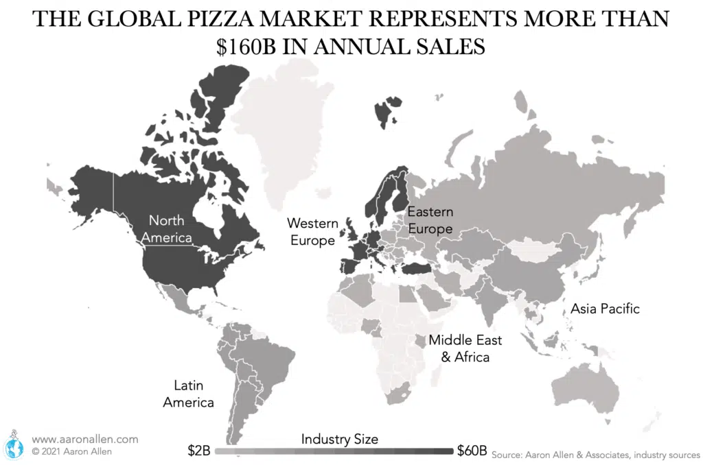 Map of global pizza industry size for North America, Latin America, Western Europe, Eastern Europe, Asia Pacific, and Middle East and Africa