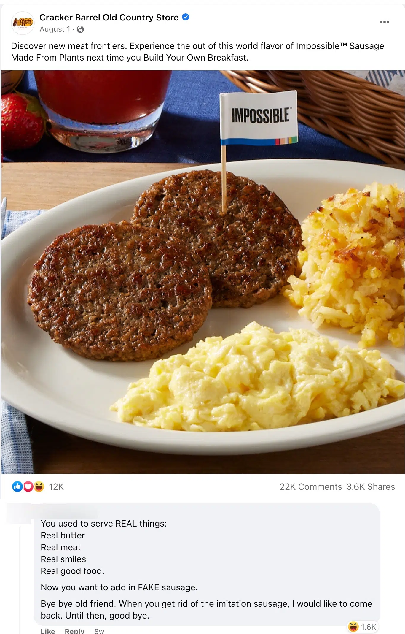 cracker barrel plant based sausage